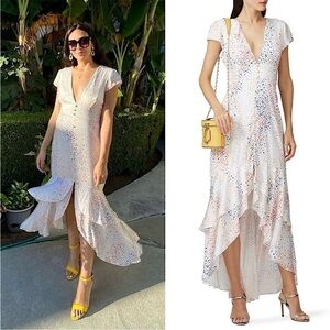 HUTCH Rainbow Heart Satin V-Neck Button Up Tier Ruffle Short Sleeve Maxi Gown 16